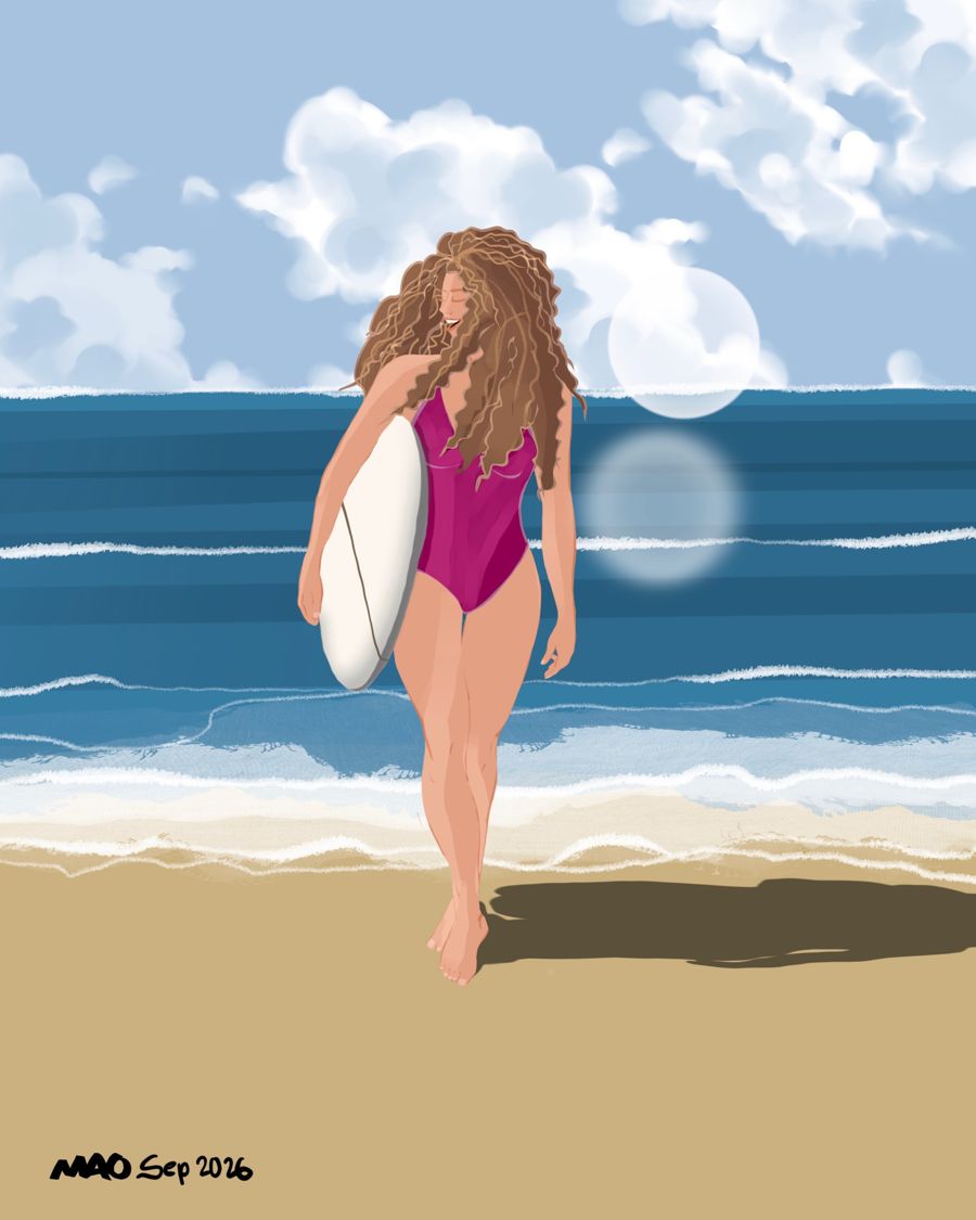 Painting of a surfer with curly hair carrying a white board out of the water, signed MAO Sep 2026